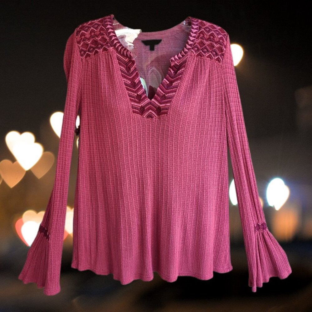 Lucky Brand Womens Top Blouse Long Bell Sleeves Embroidered Mauve Size M